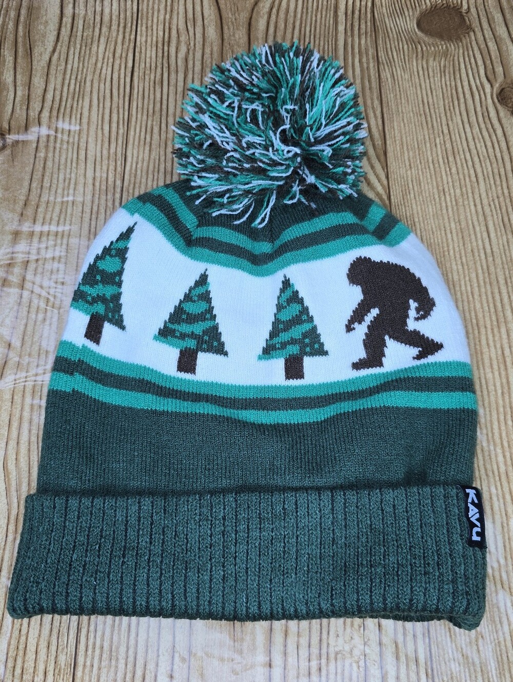 Kavu Adult Green & White Pom Beanie with Tree and Sasquatch Motif